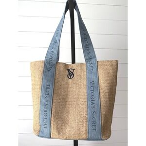 Victoria's Secret Paper Straw Tote Bag with Denim Logo Straps Lined Snap Closure